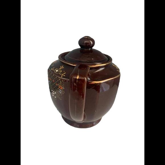 Vintage Brown Betty Redware Hand Painted Teapot Made in Japan Gold Red White - Picture 3 of 12